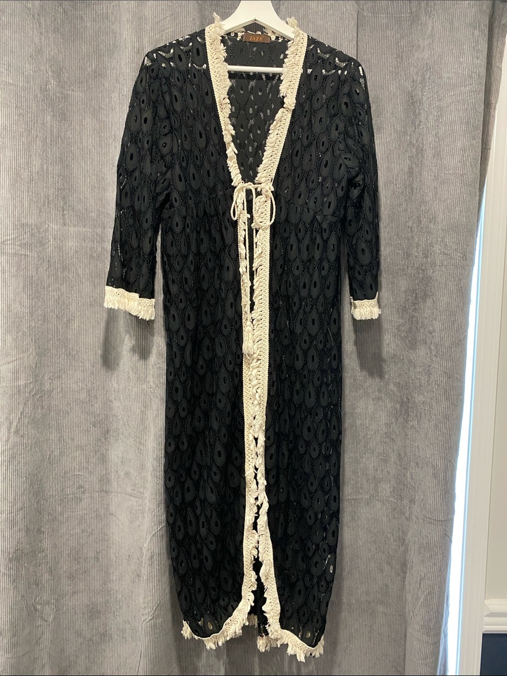 Black Maxi Crochet-Trim Cover Dress with Cream Fringe Accents